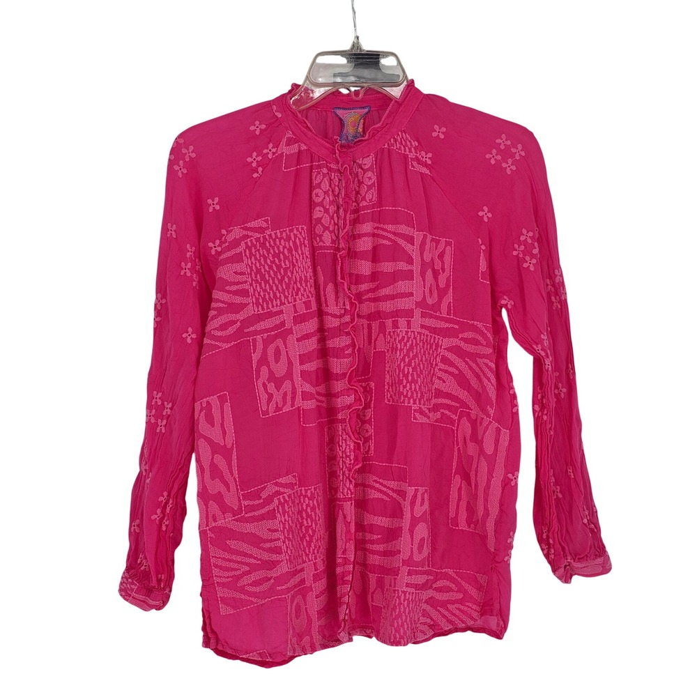 Johnny Was Embroidered Top XS Pink LS Ruffle Crochet Button Pleated Boho Resort